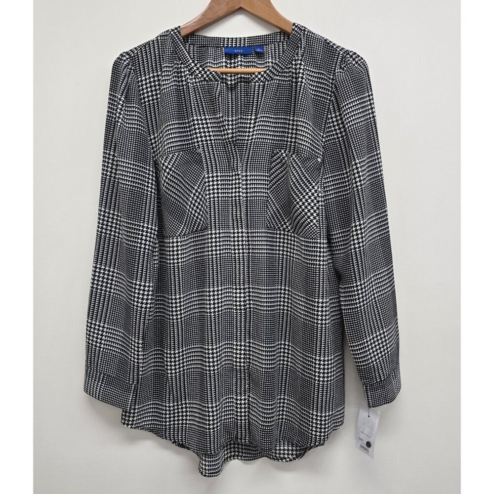 NEW Apt 9 Hidden Button Up Blouse Sz Large Black White Houndstooth Office Career